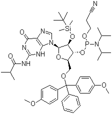 5-O-(4,4-二甲氧基三苯甲基)-2-O-[(叔丁基)二甲基硅基]-N-異丁?；B苷-3-(2-氰基乙基-N,N-二異丙基)亞磷酰胺結(jié)構(gòu)式_147201-04-5結(jié)構(gòu)式
