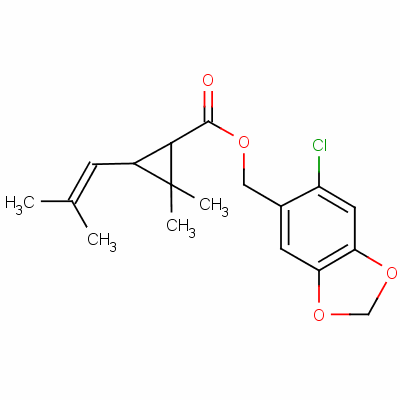 Cyclopropanecarboxylicacid, 2,2-dimethyl-3-(2-methyl-1-propen-1-yl)-,(6-chloro-1,3-benzodioxol-5-yl)methyl esterStructure,70-43-9Structure Cyclopropanecarboxylicacid, 2,2-dimethyl-3-(2-methyl-1-propen-1-yl)-,(6-chloro-1,3-benzodioxol-5-yl)methyl ester Structure,70-43-9Structure