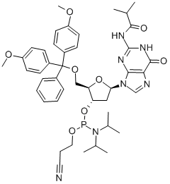 5-O-(4,4-二甲氧基三苯甲基)-N-異丁?；?2-脫氧鳥(niǎo)苷-3-(2-氰基乙基-N,N-二異丙基)亞磷酰胺結(jié)構(gòu)式_93183-15-4結(jié)構(gòu)式