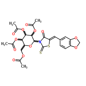 5-(1,3-苯并二氧雜環(huán)戊烯l-5-基亞甲基)-3-(2,3,4,6-四-o-乙?；?b-d-吡喃葡萄糖)-2-硫氧代-4-噻唑啉酮結(jié)構(gòu)式_65562-22-3結(jié)構(gòu)式